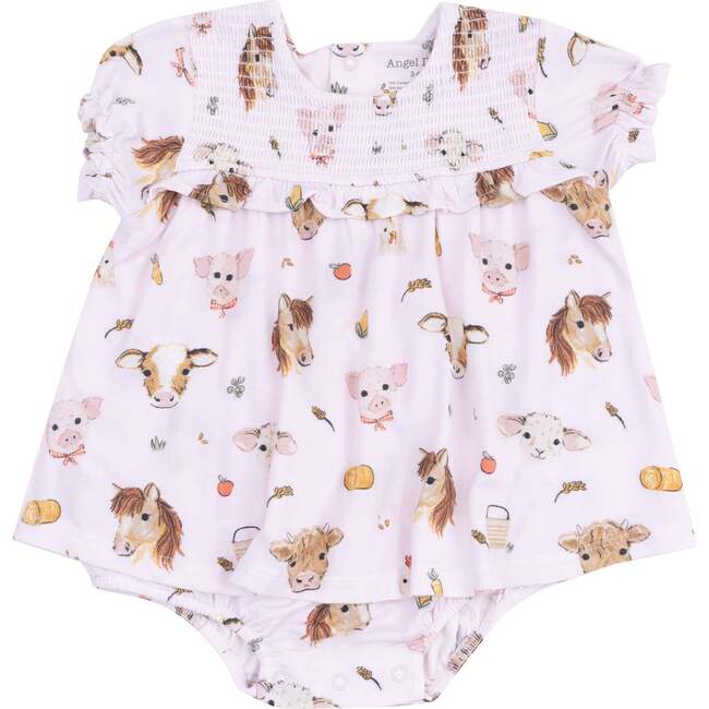 Smocked Ruffle Bubble with Skirt, Vintage Animals Faces Pink