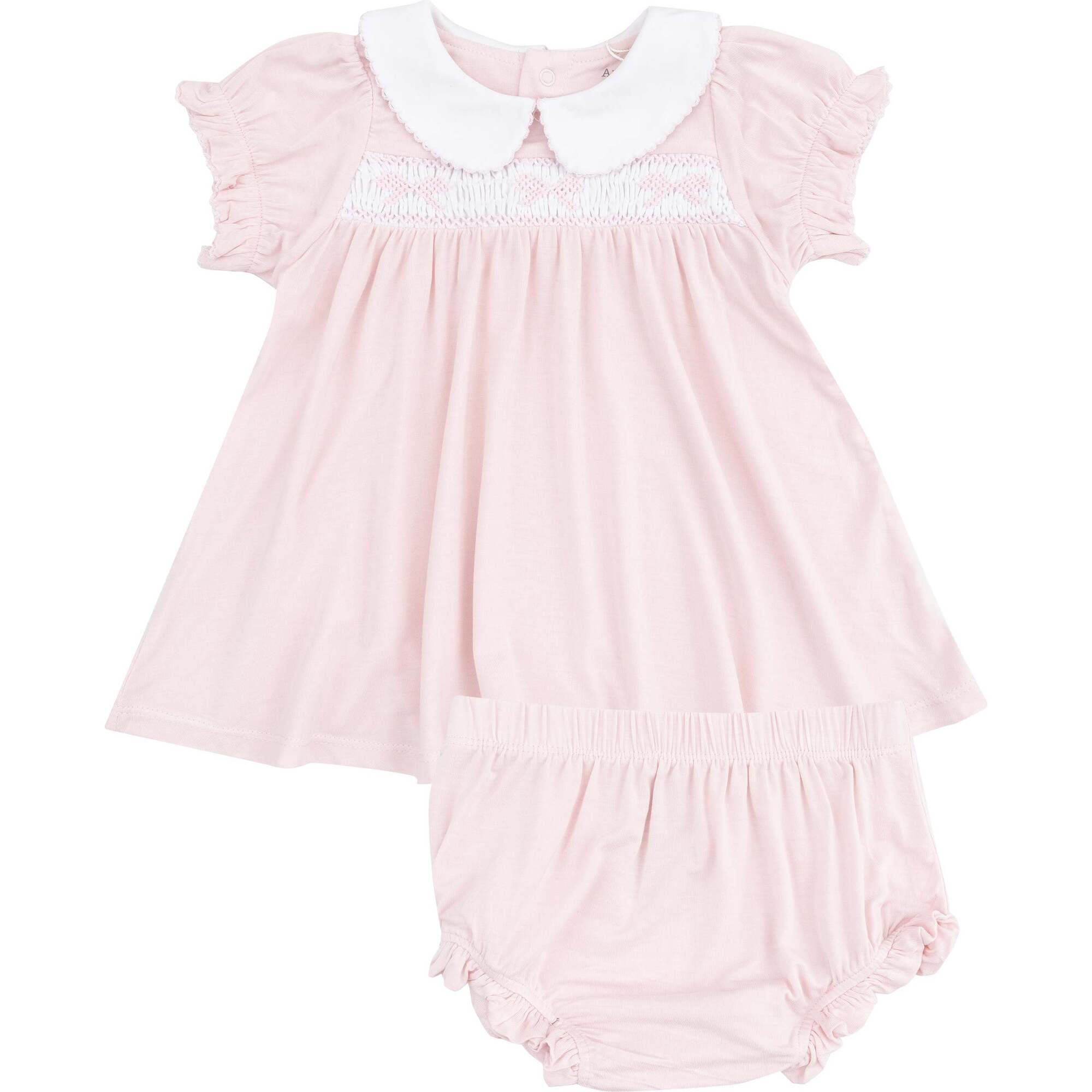 Smocked Peterpan Collar Dress +Ruffle Leg Bloomer, Solid Classic Pink - Dresses - 1