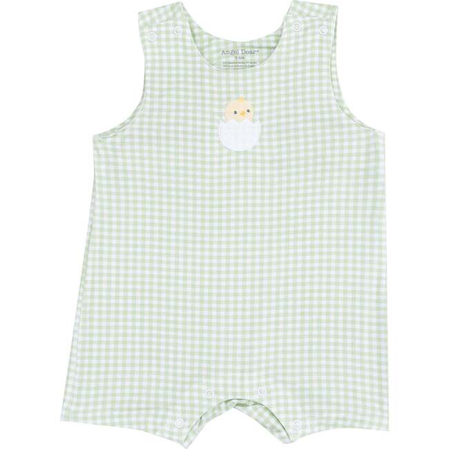 Sleeveless Shortie Romper with Baby Chick Applique, Mini Gingham Green