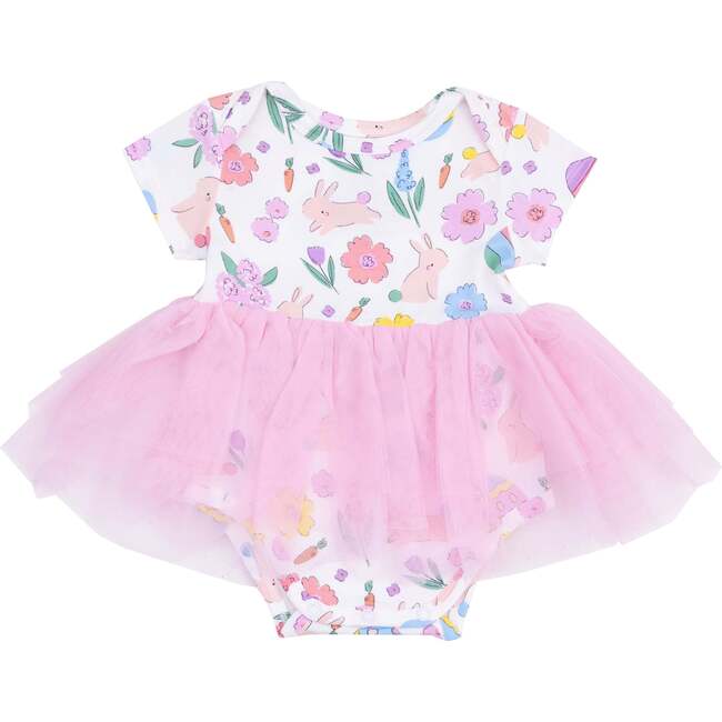 Twirly Short Sleeve Tutu Bodysuit Dress, Easter Bunnies Pink