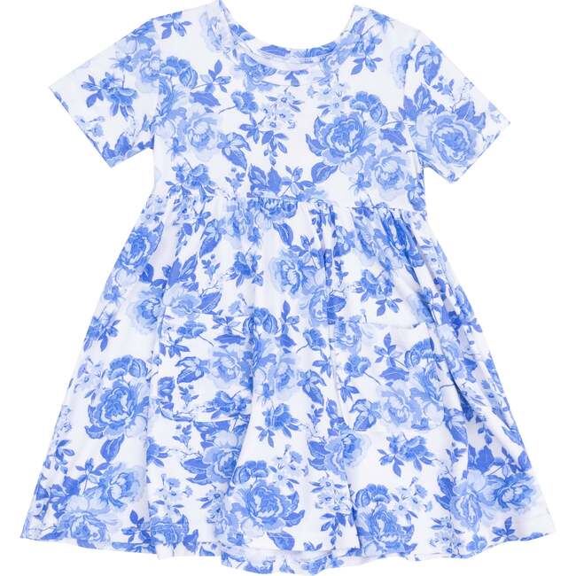 Short Sleeve Twirly Dress, Roses In Blue