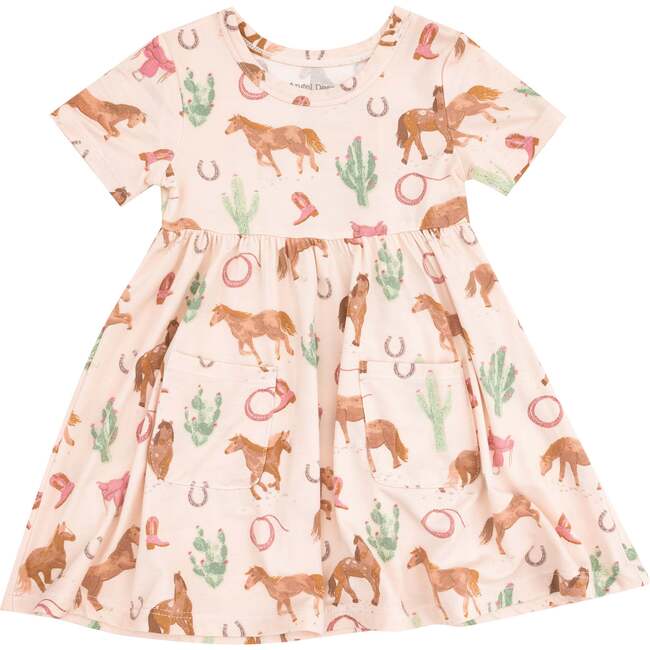 Short Sleeve Twirly Dress, Western Horses Pink