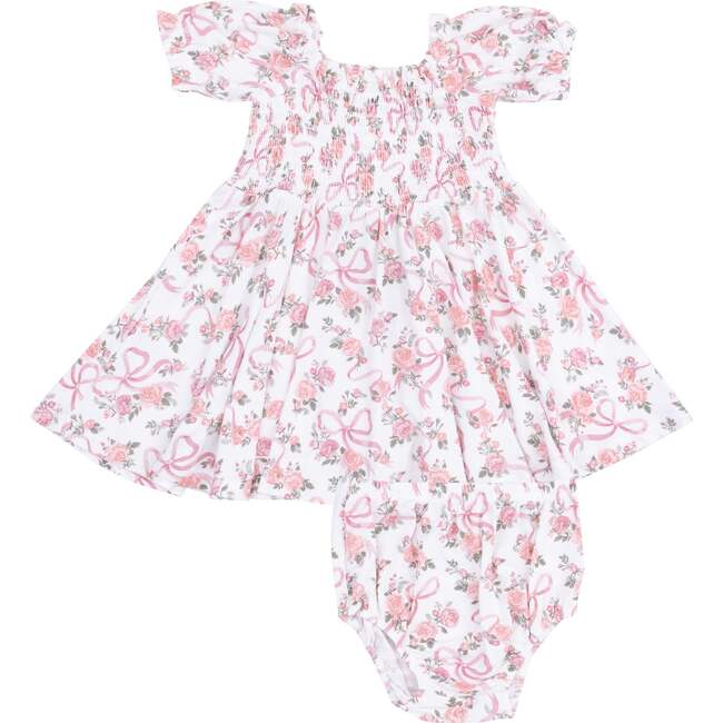 Puff Sleeve Smocked Dress and Diaper Cover, Ribbons and Flowers