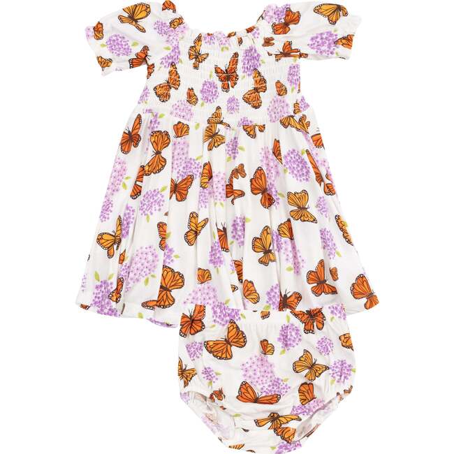 Puff Sleeve Smocked Dress with Diaper Cover, Monarch Butterflies and Milkweed