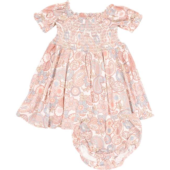 Puff Sleeve  Smocked Dress and Diaper Cover, Folk Paisley