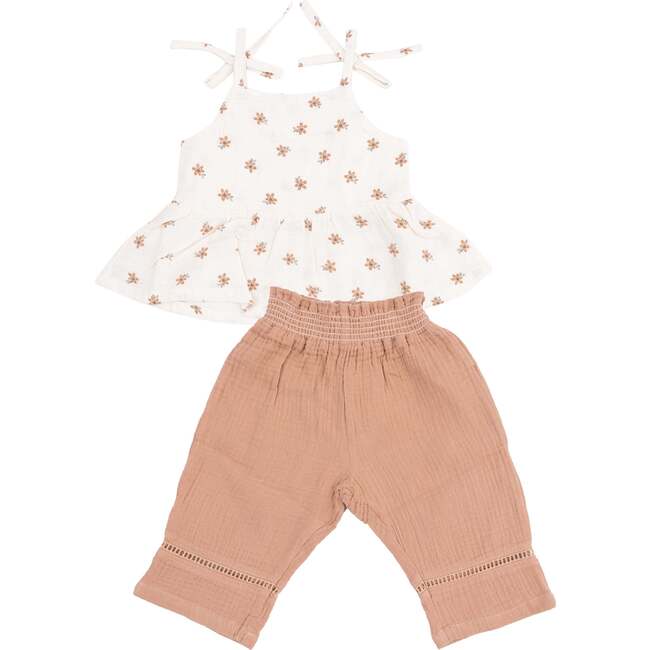 Peplum Tank with Smocked Back and Smocked Waist Pants with Ladder Trim, Bitty Blooms