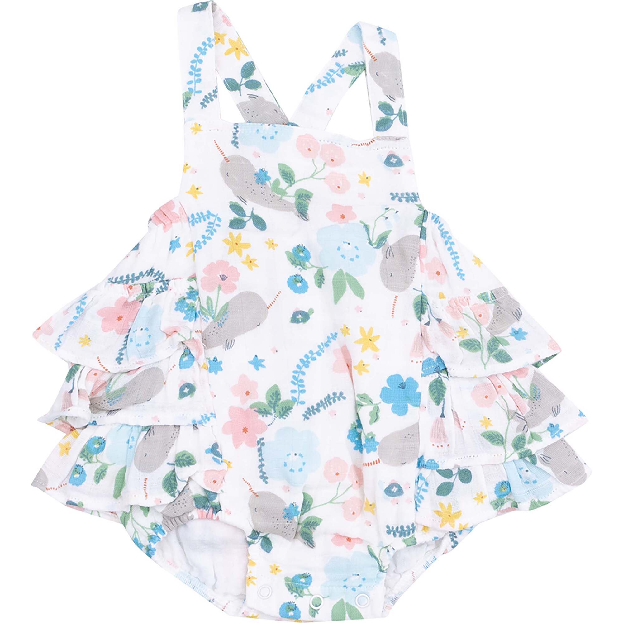 Ruffle Sunsuit, Narwhal Floral - Rompers - 1