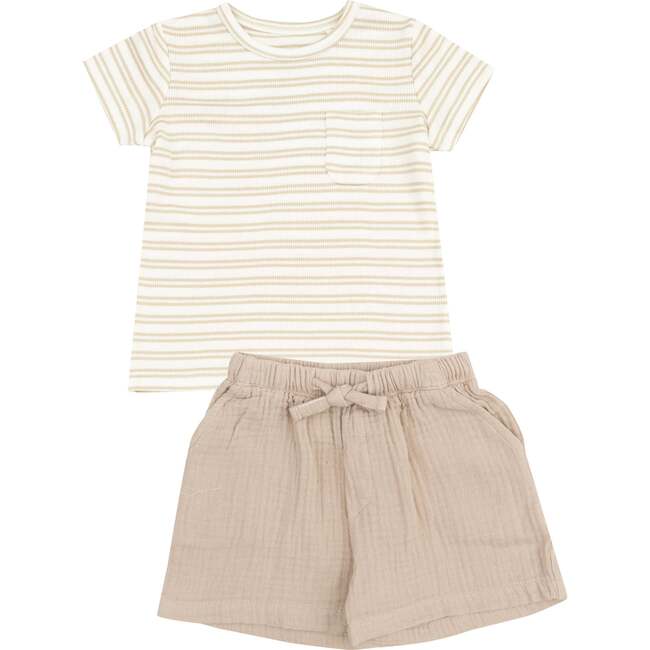 Crew Neck Tee with Pocket + Casual Short, Stripe Oxford Tan