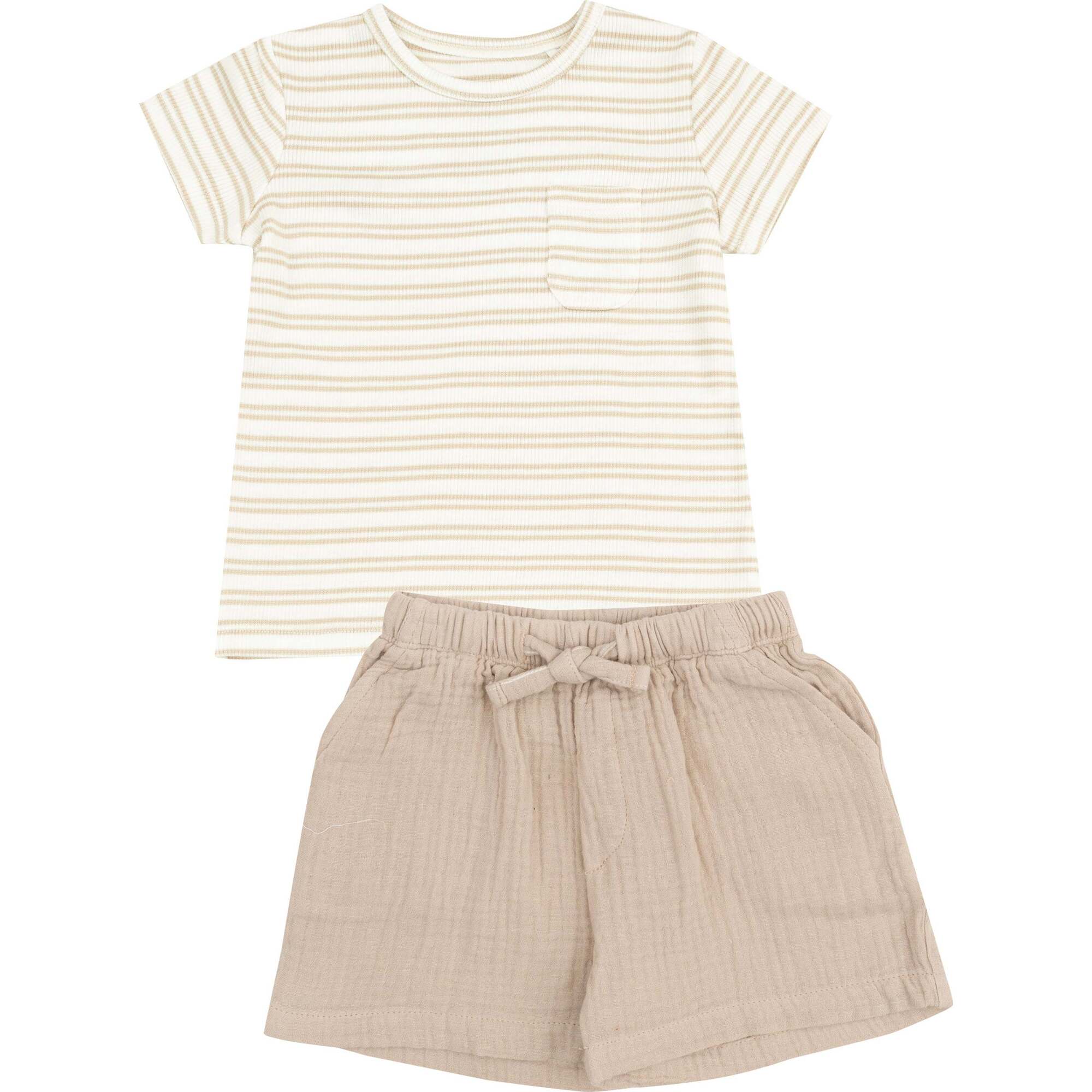 Crew Neck Tee with Pocket + Casual Short, Stripe Oxford Tan - Mixed Apparel Set - 1