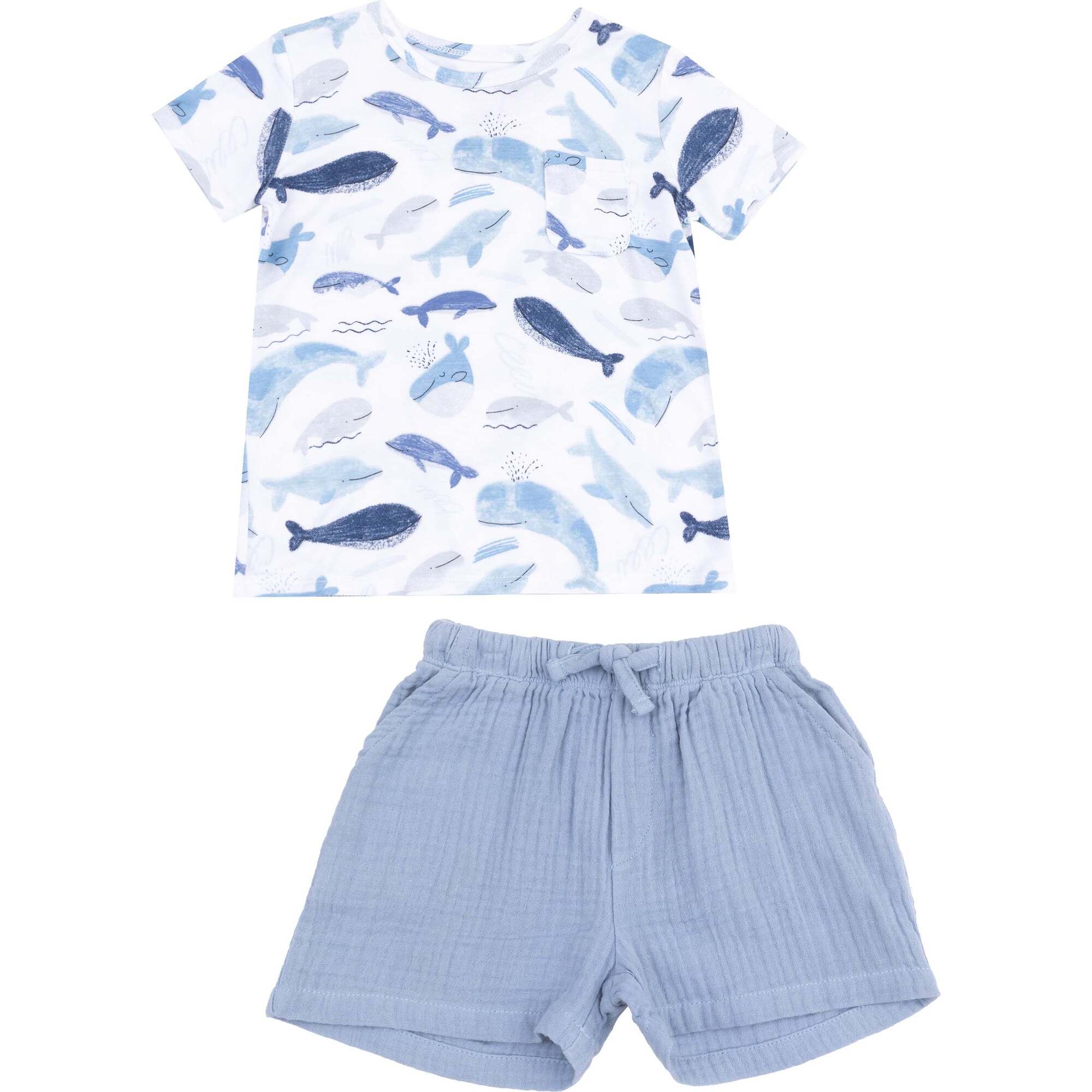 Crew Neck Tee with  Pocket + Muslin Short Whales - Mixed Apparel Set - 1