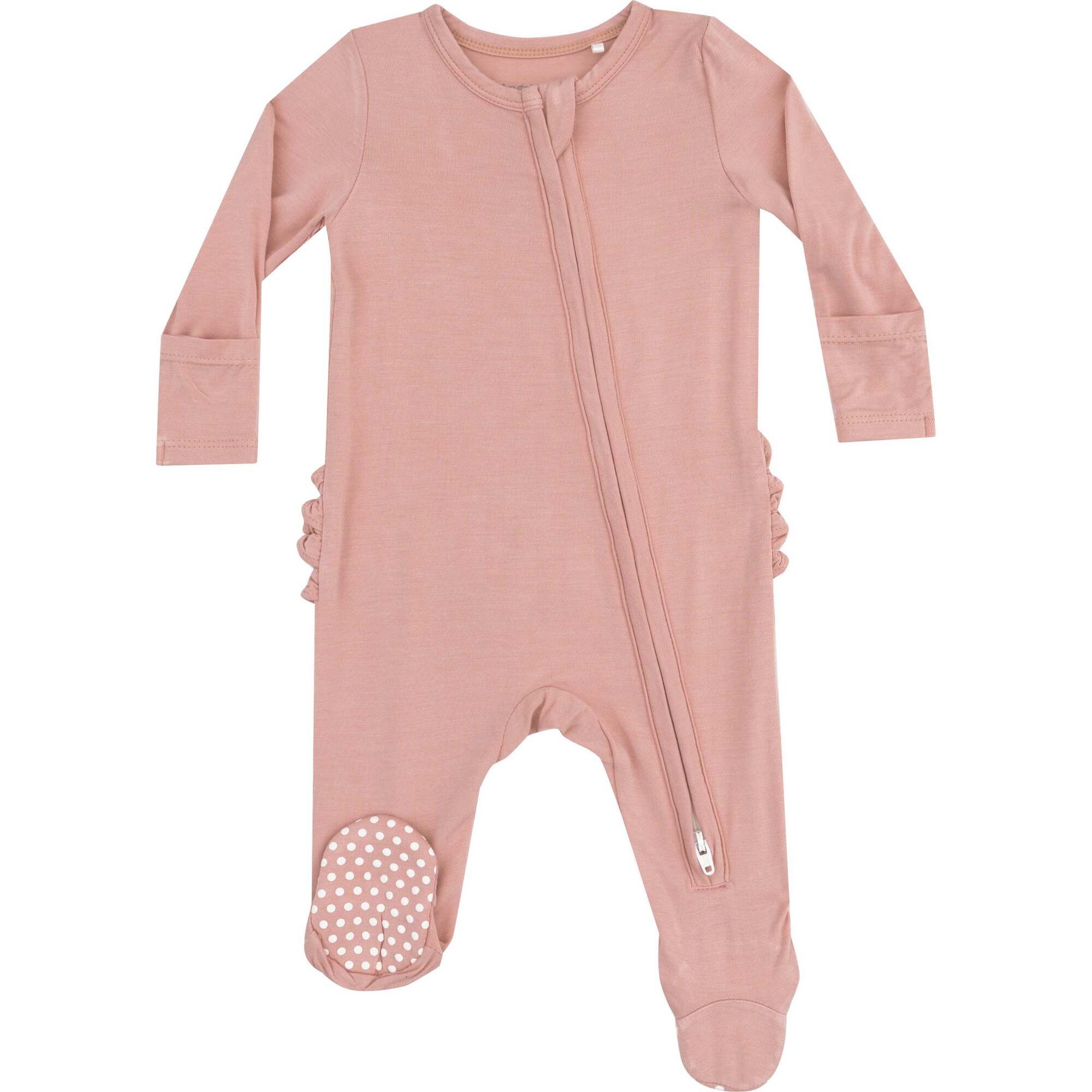 2 Way Zipper Ruffle Back Footie, Solid Mellow Rose - Footie Pajamas - 1