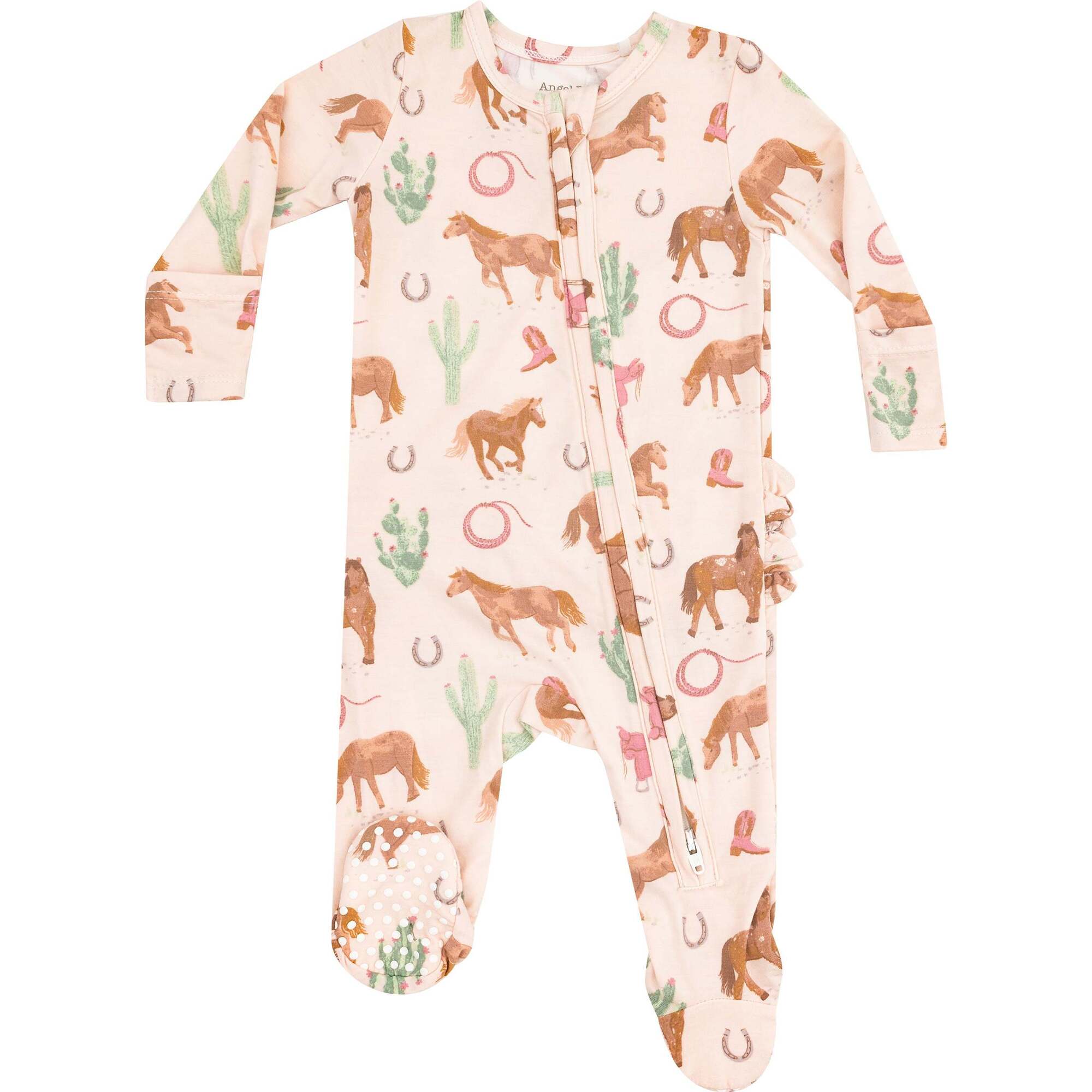 2 Way Zipper Ruffle Back Footie, Western Horses Pink - Footie Pajamas - 1