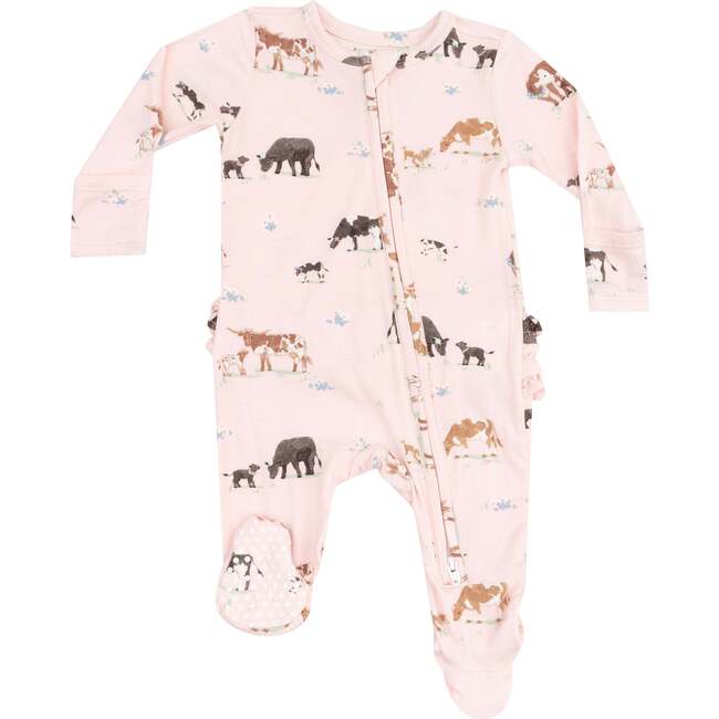 2 Way Zipper Ruffle Back Footie, Cow Families Pink - Footie Pajamas - 1