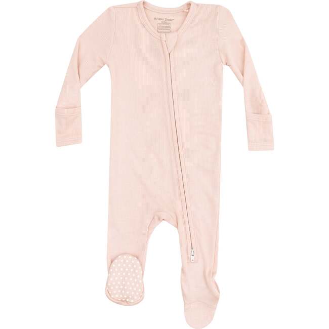 2 Way Zipper Footie, Solid Rose Smoke Ribbed - Footie Pajamas - 1