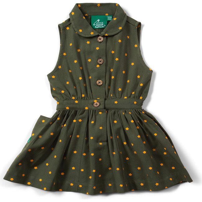 Yellow Stars Pinafore Button Dress, Green