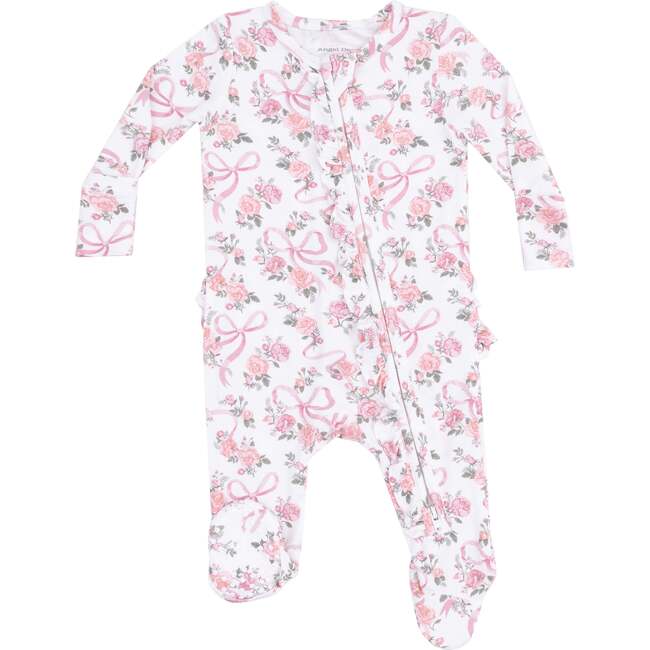 2 Way Ruffle Zipper Footie, Ribbons and Flowers - Footie Pajamas - 1