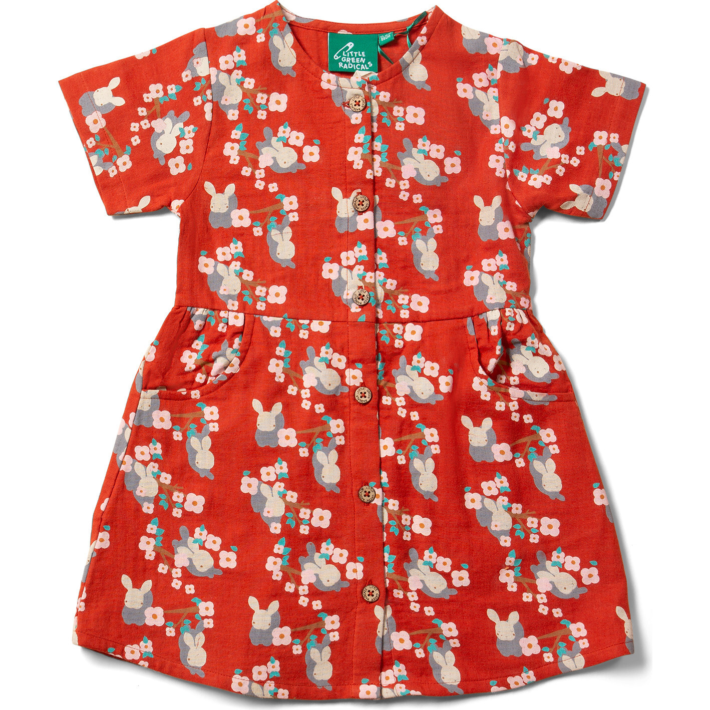 Little Rabbits Button Through Short Sleeve Dress, Red - Dresses - 1
