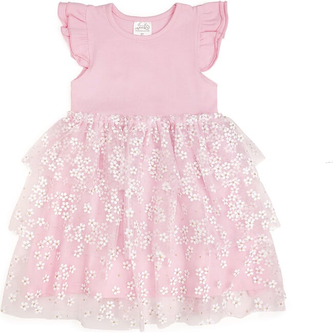 Pink Ditsy Daisy Easter Tiered Short Sleeve Tutu Dress, Pink