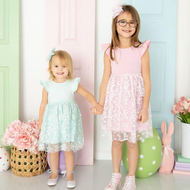 Pink Ditsy Daisy Easter Tiered Short Sleeve Tutu Dress, Pink - Dresses - 5