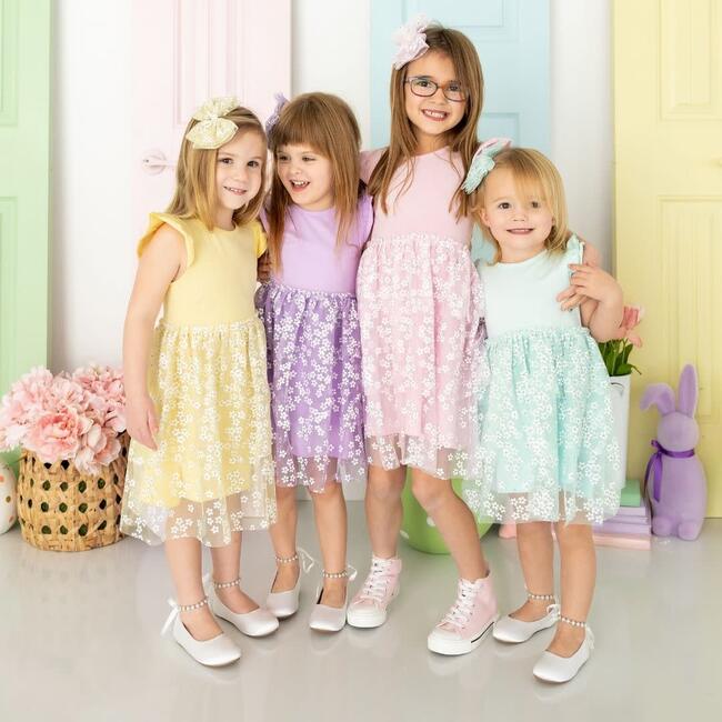 Pink Ditsy Daisy Easter Tiered Short Sleeve Tutu Dress, Pink - Dresses - 6