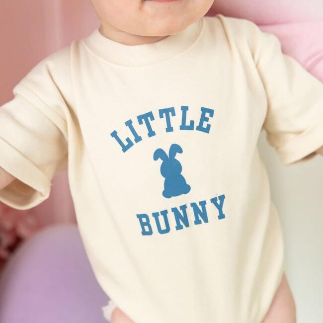 Little Bunny Steel Blue Easter Short Sleeve Romper, Natural - Rompers - 3