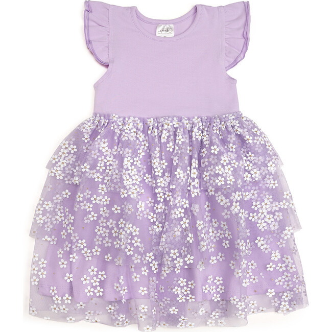 Lavender Ditsy Daisy Easter Tiered Short Sleeve Tutu Dress, Lavender