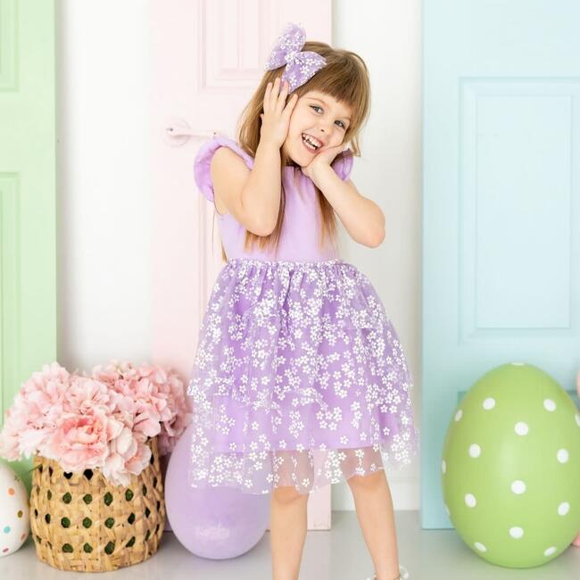 Lavender Ditsy Daisy Easter Tiered Short Sleeve Tutu Dress, Lavender - Dresses - 4