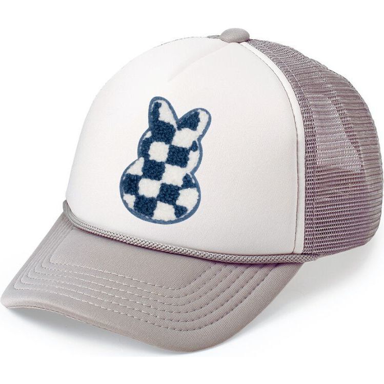 Checkered Bunny Patch Easter Trucker Hat, Grey - Hats - 1