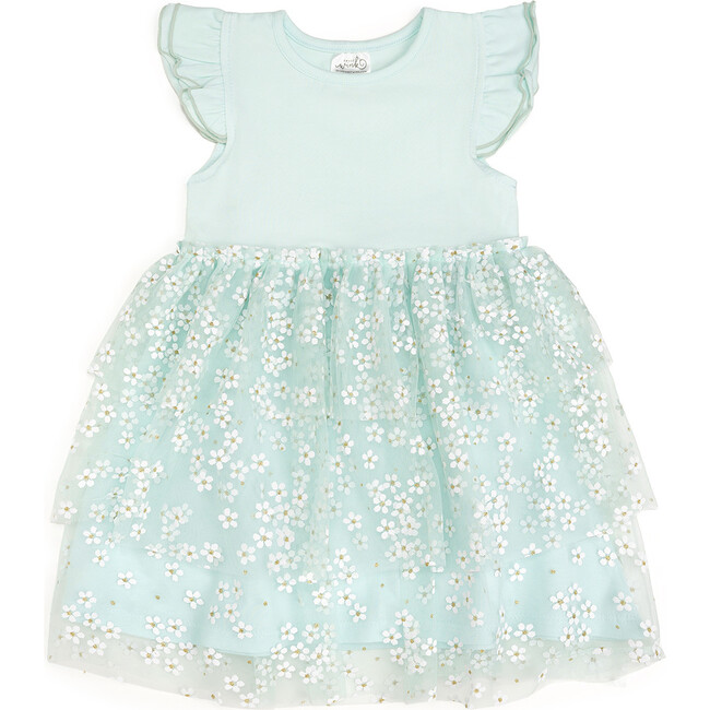 Aqua Ditsy Daisy Easter Tiered Short Sleeve Tutu Dress, Aqua