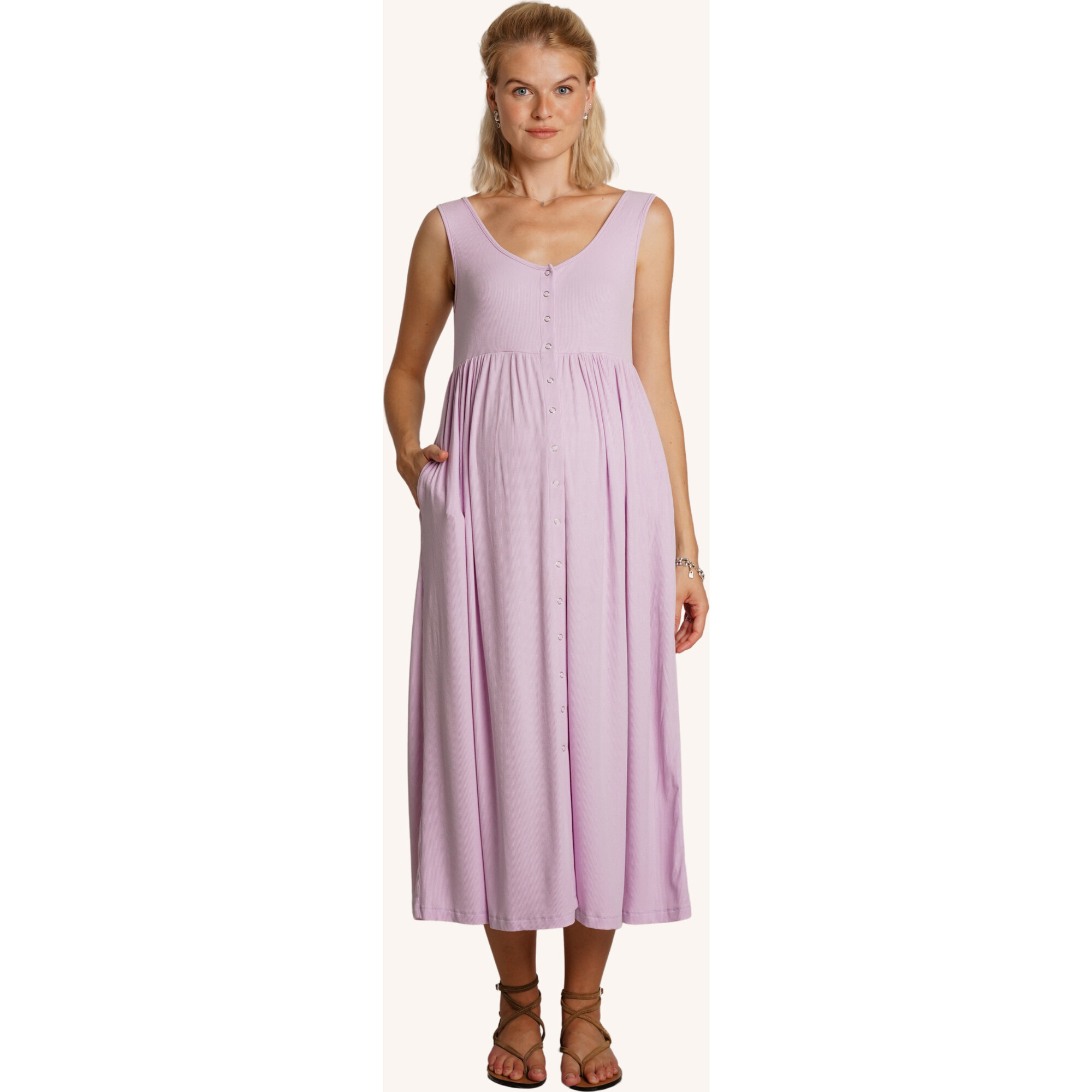 Ribbed Modal Henley Maternity Dress, Lavender - Dresses - 1