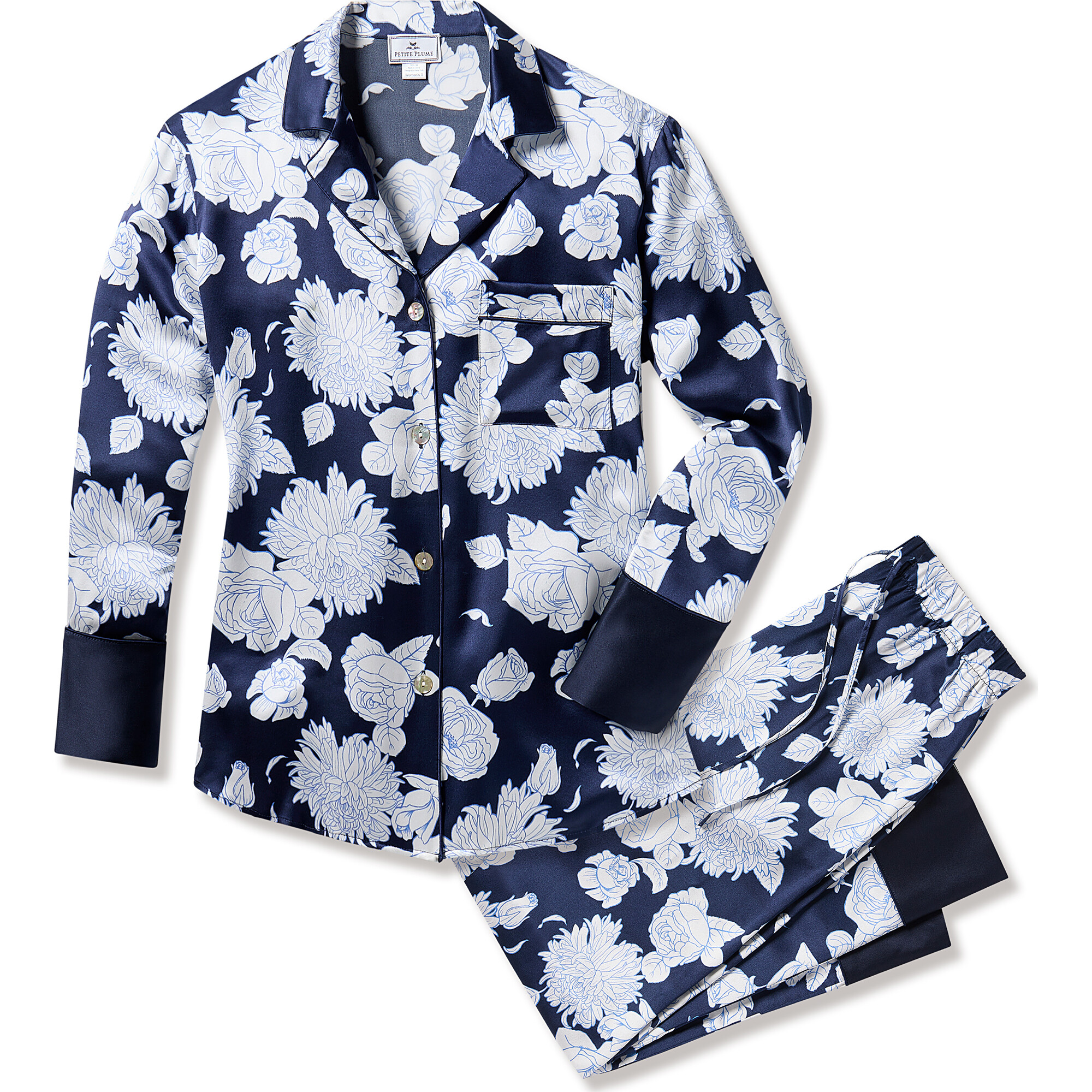 Women's Silk Pajama Set, Midnight Blooms - Pajamas - 1