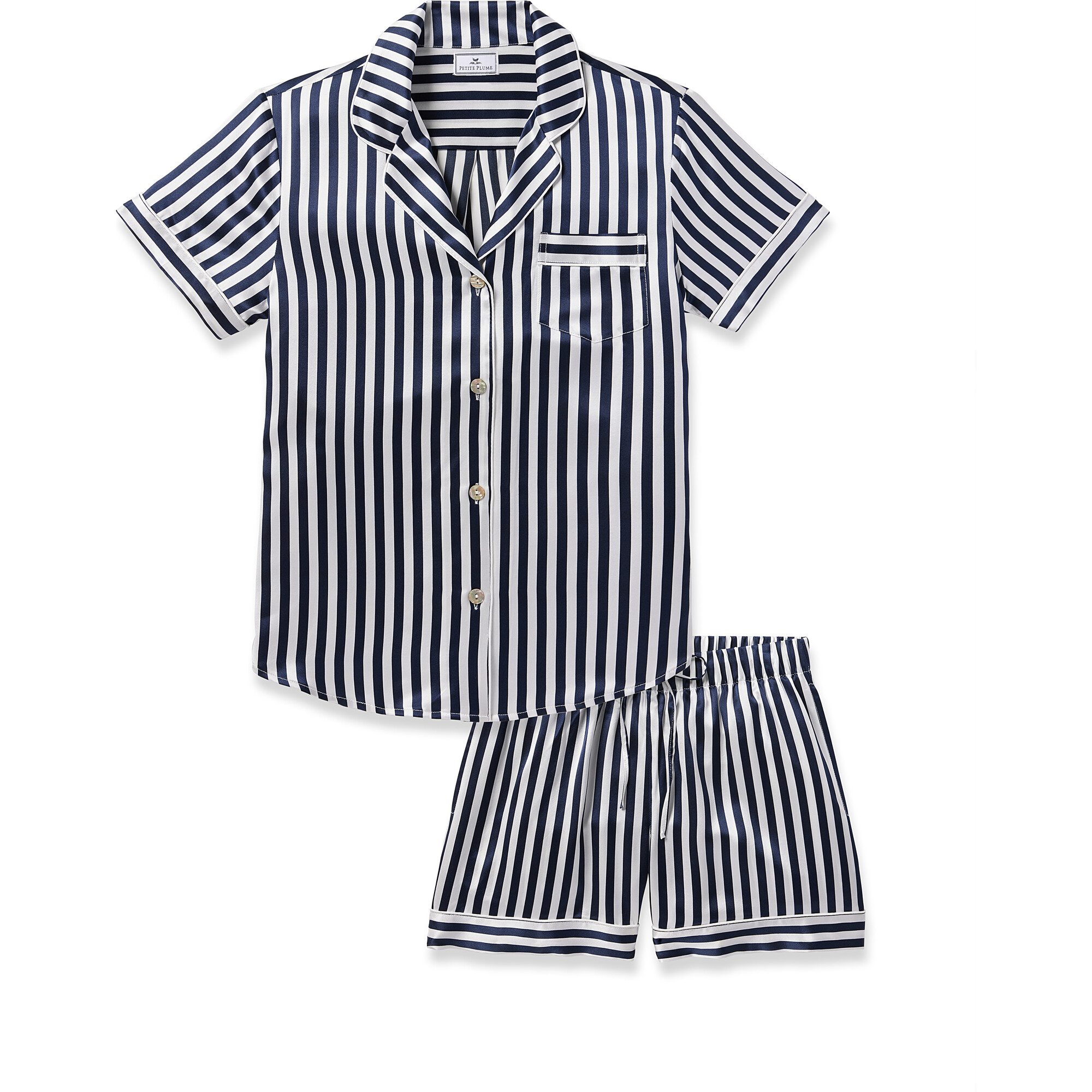 Women's Silk Short Set, Navy Bengal Stripe - Pajamas - 1