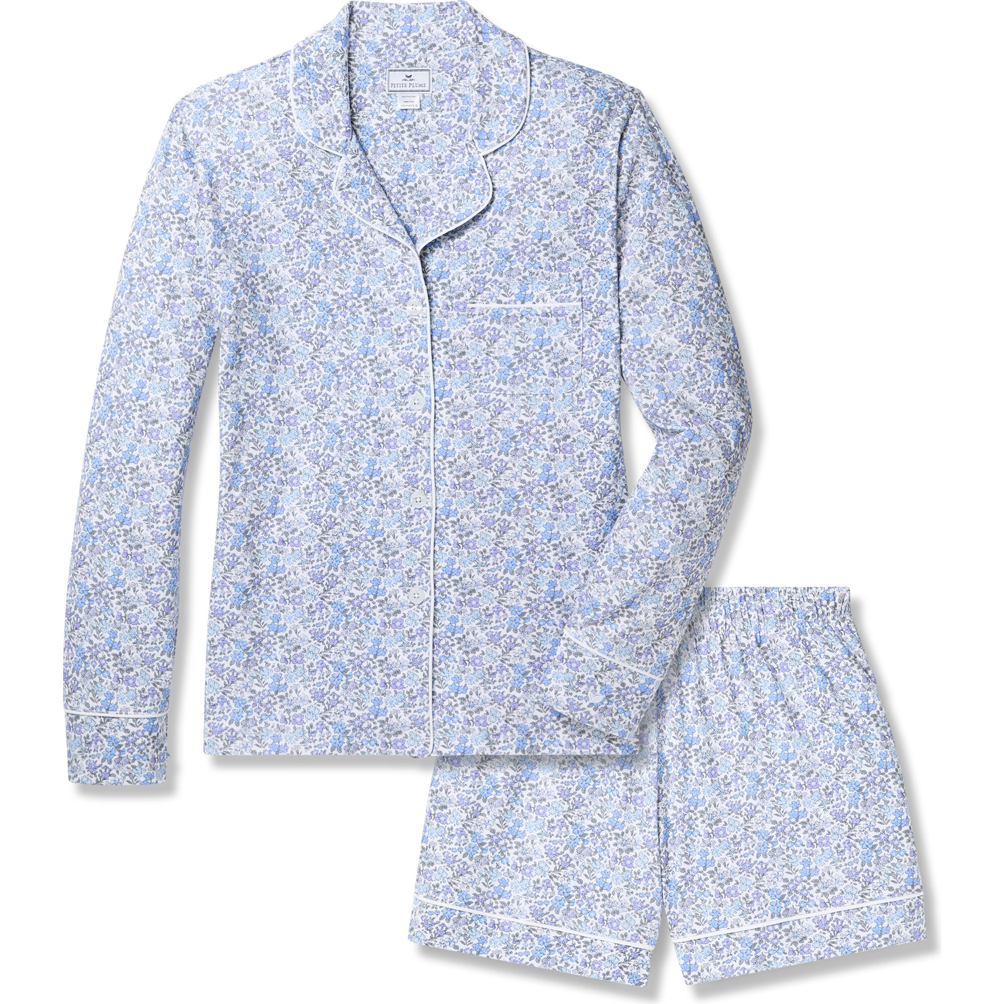 Women's Pima Cotton Long Sleeve Short Set, Fleur d'Azur - Pajamas - 1