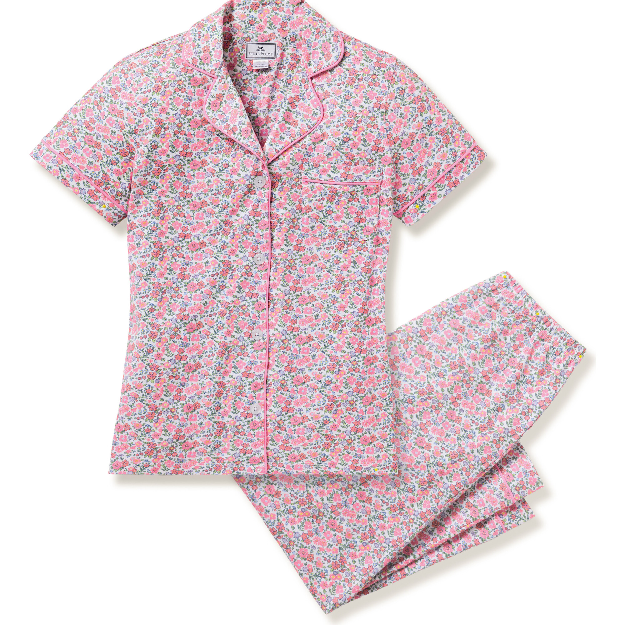 Women's Pima Cotton Crop Pajama Set, Fleurs de Rose - Pajamas - 1