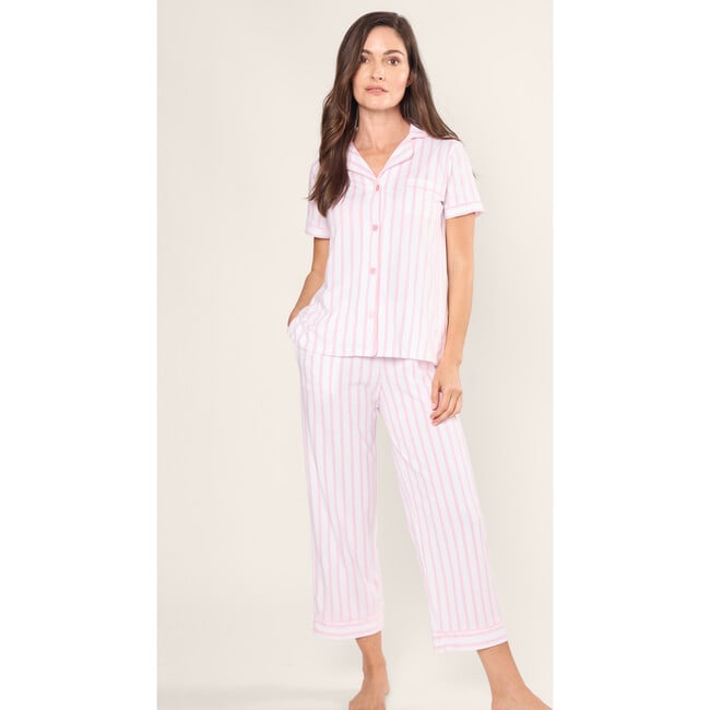 Women's Pima Cotton Crop Pajama Set, Pink and White Stripe - Pajamas - 2