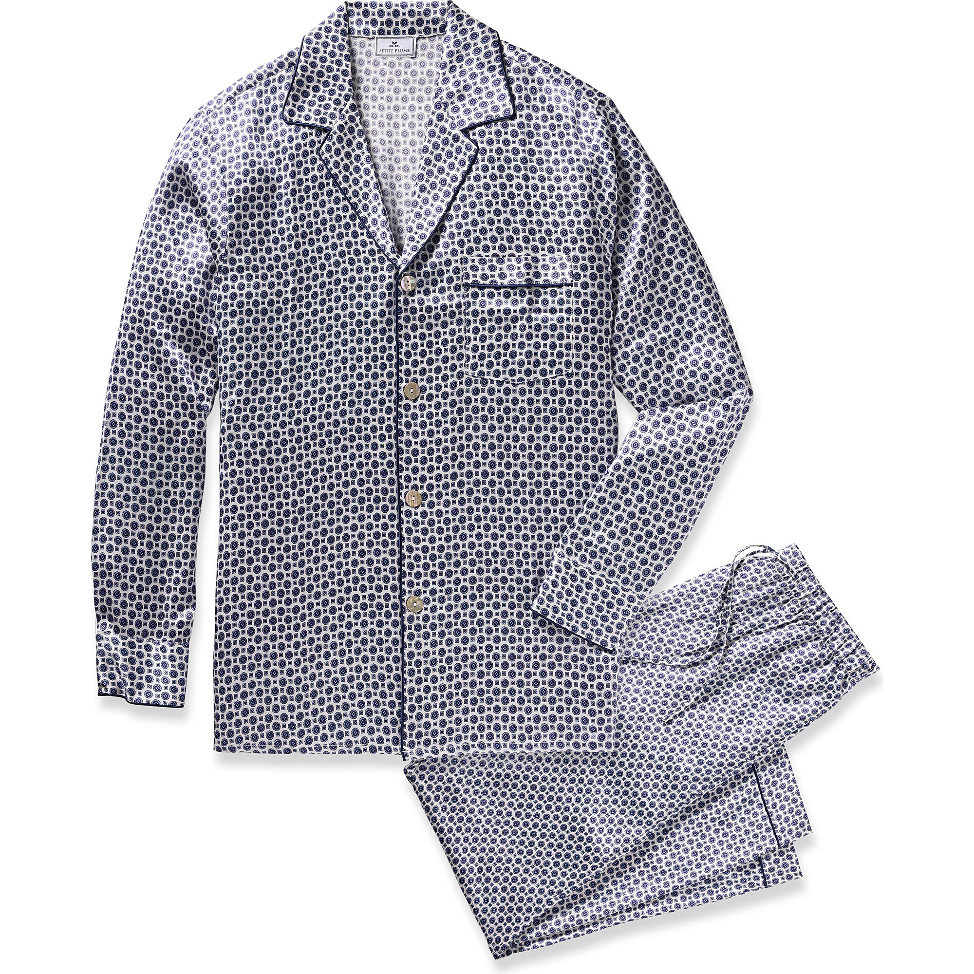 Men's Silk Pajama Set, Navy Foulard - Pajamas - 1