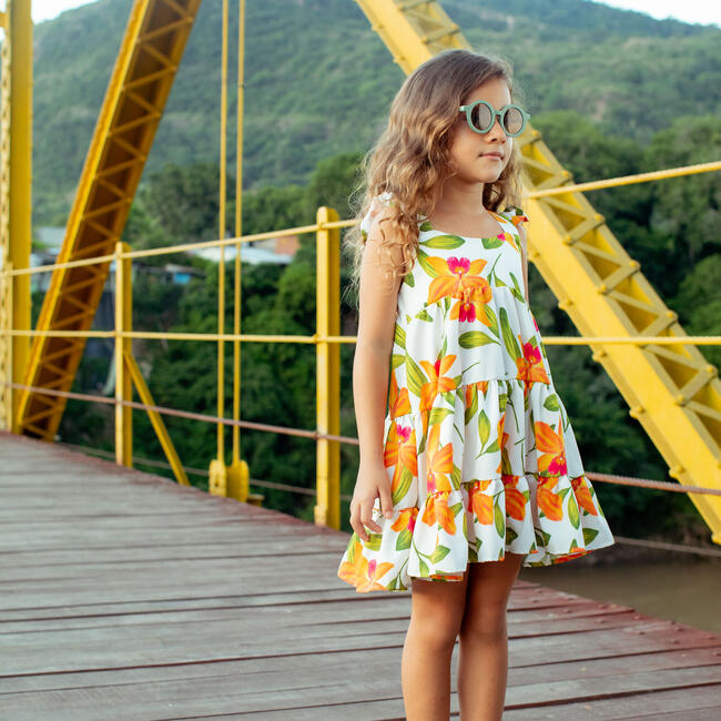 Corissia Orquideas Naranja Print Adjustable Strap Dress, Orange - Dresses - 3
