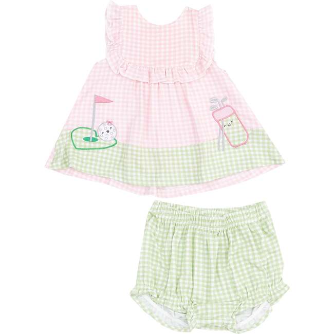 Ruffle Top with Applique & Bloomer, Golf Pink Mini Gingham