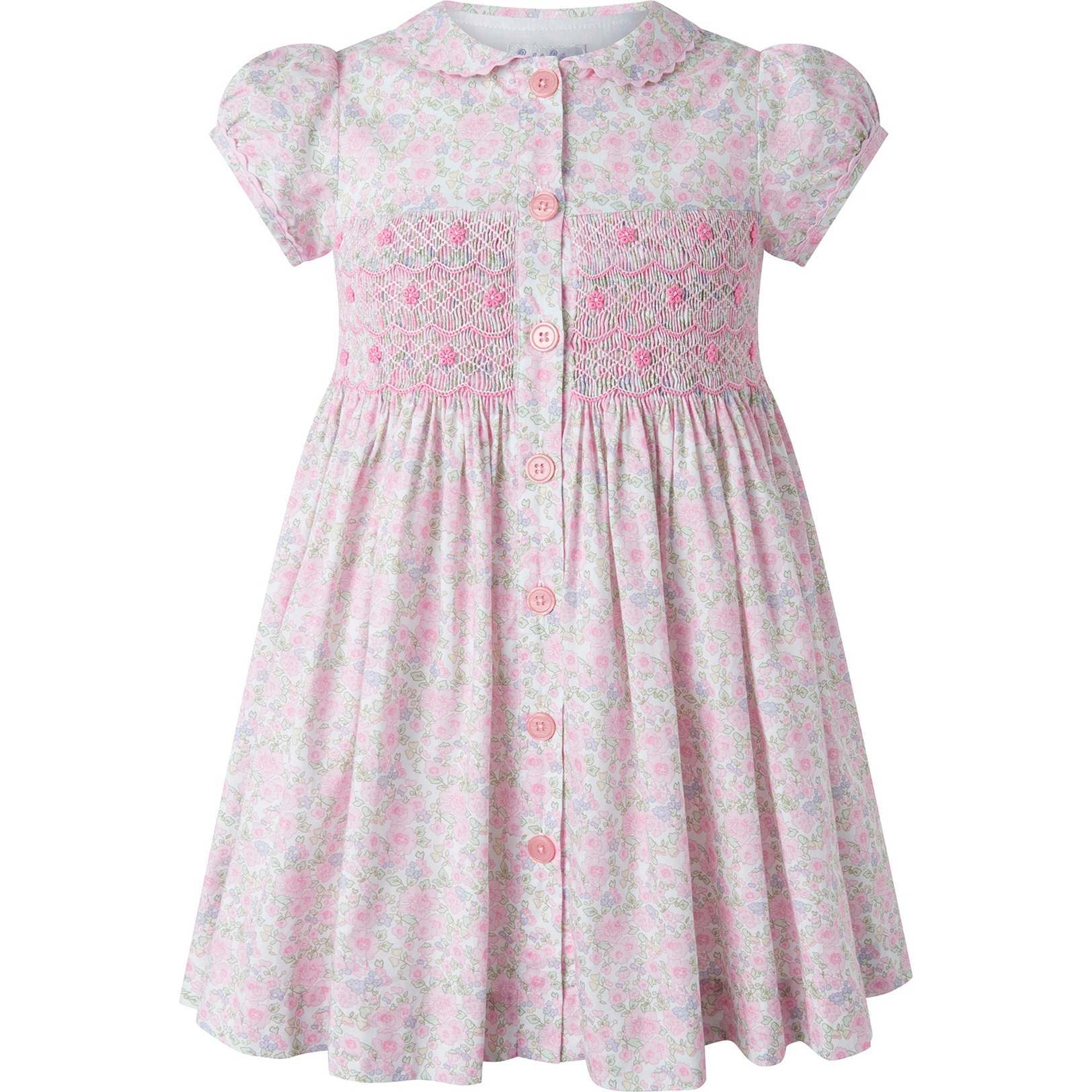 Ditsy Bloom Smocked Button-front Dress, Pink - Dresses - 1