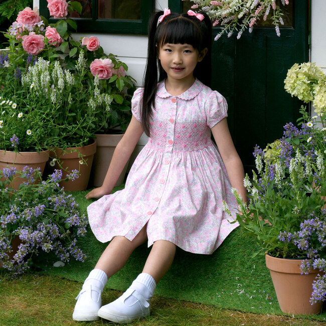 Ditsy Bloom Smocked Button-front Dress, Pink - Dresses - 3