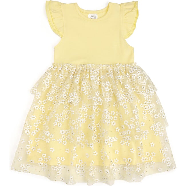 Sunshine Ditsy Daisy Easter Tiered Short Sleeve Tutu Dress, Yellow - Dresses - 1