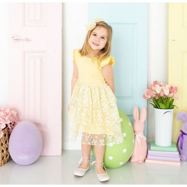 Sunshine Ditsy Daisy Easter Tiered Short Sleeve Tutu Dress, Yellow - Dresses - 2