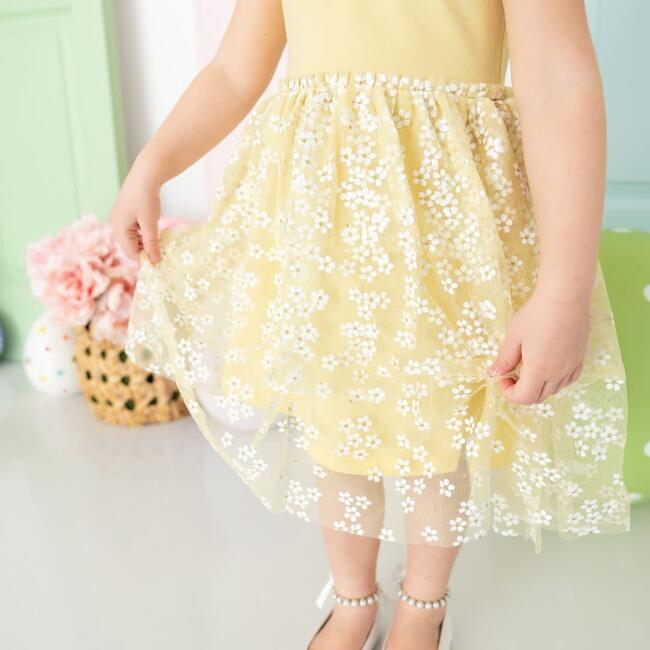 Sunshine Ditsy Daisy Easter Tiered Short Sleeve Tutu Dress, Yellow - Dresses - 3