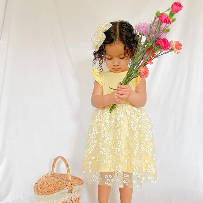 Sunshine Ditsy Daisy Easter Tiered Short Sleeve Tutu Dress, Yellow - Dresses - 5