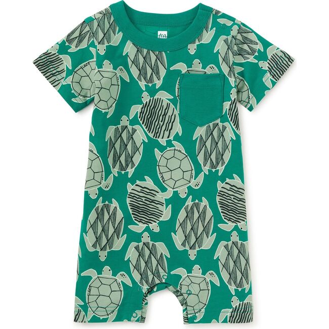 Pocket Shortie Baby Romper, Tiled Turtles - Rompers - 1