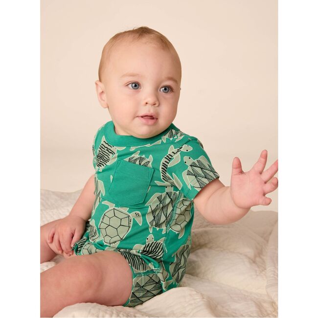 Pocket Shortie Baby Romper, Tiled Turtles - Rompers - 2