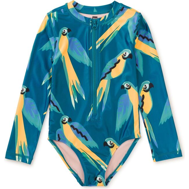 Long Sleeve One-Piece Swimsuit, Blue & Yellow Macaws