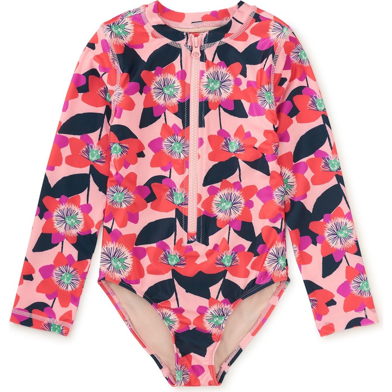 Long Sleeve One-Piece Swimsuit, Block Print Passion Flower - Tea