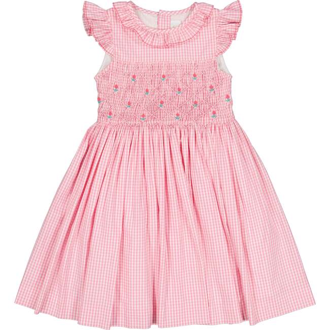 Tulip Gingham Frilled Cap Sleeve Smocked Dress, Pink