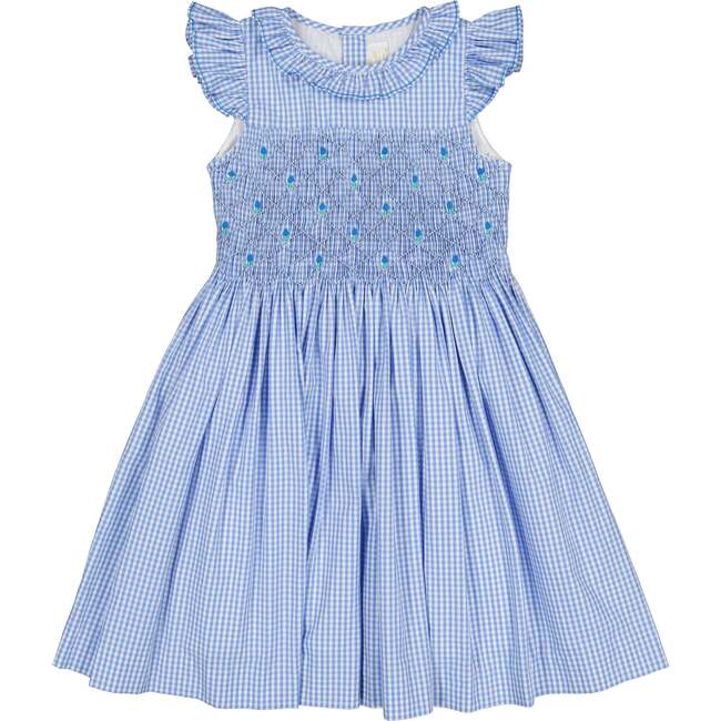 Tulip Gingham Frilled Cap Sleeve Smocked Dress, Blue - Dresses - 1